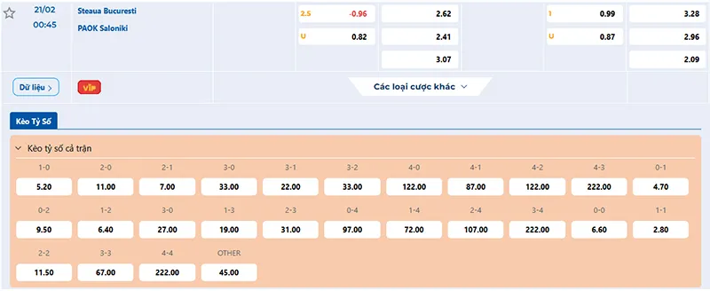 Thông tin tỷ lệ kèo FCSB vs PAOK 00h45 ngày 21/02/2025